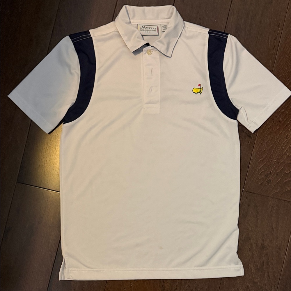 Kids White Polo with Navy Shoulder Accents - Masters Logo